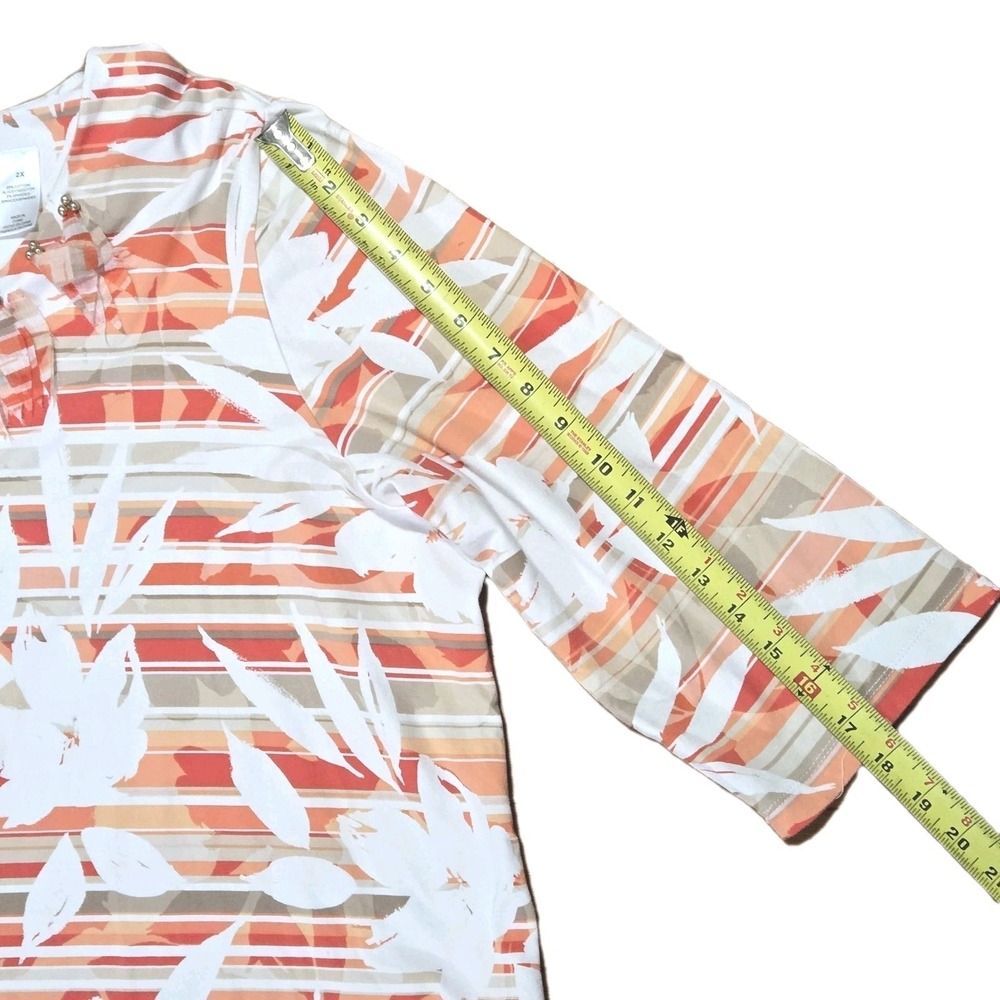 Alfred Dunner Woman Shirt Stretch Orange Stripe Floral Stud Fringe Collar Sz 2x - Picture 9 of 12